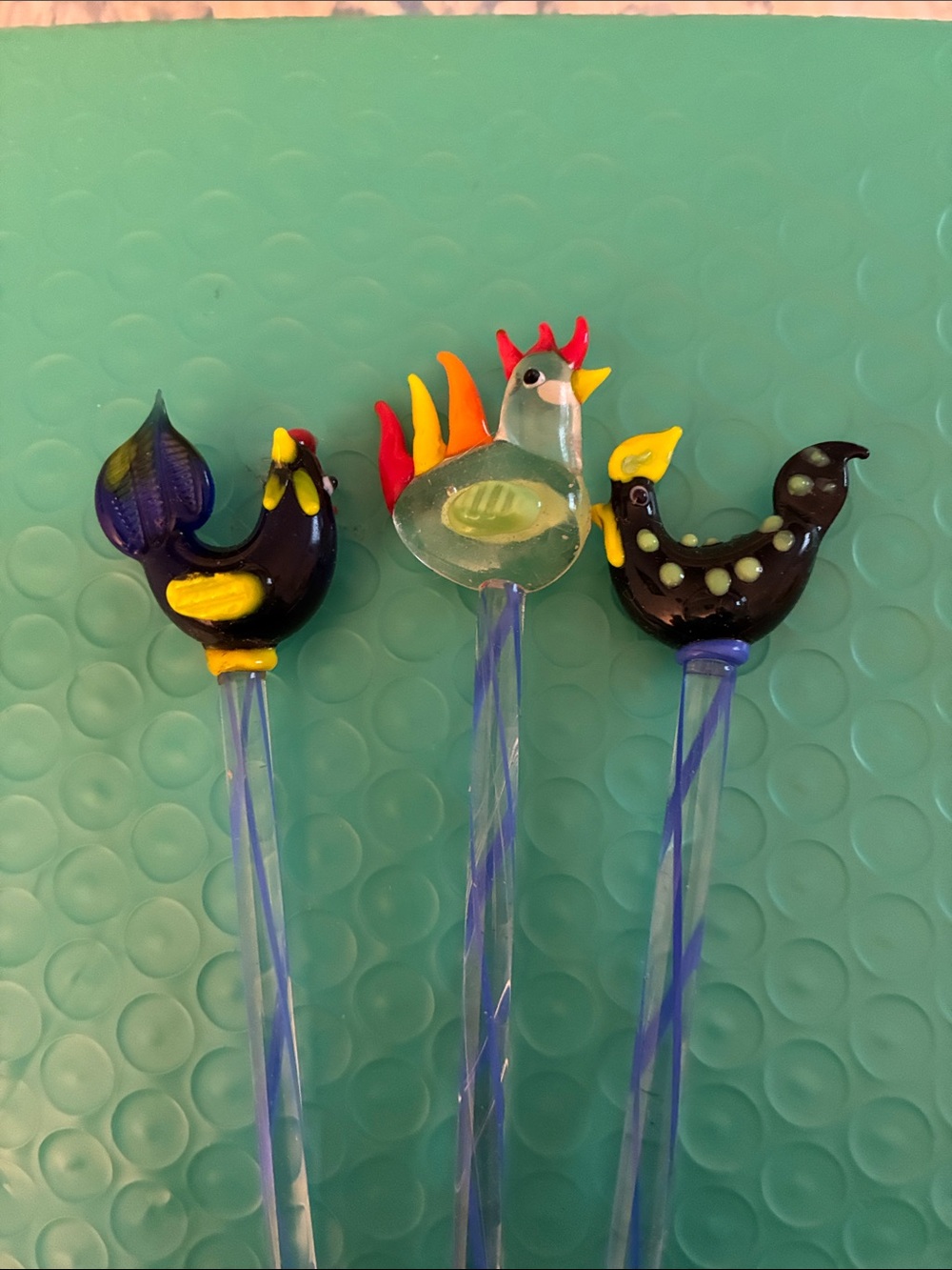Colorful Glass Rooster drink stirrers— Set of 3
